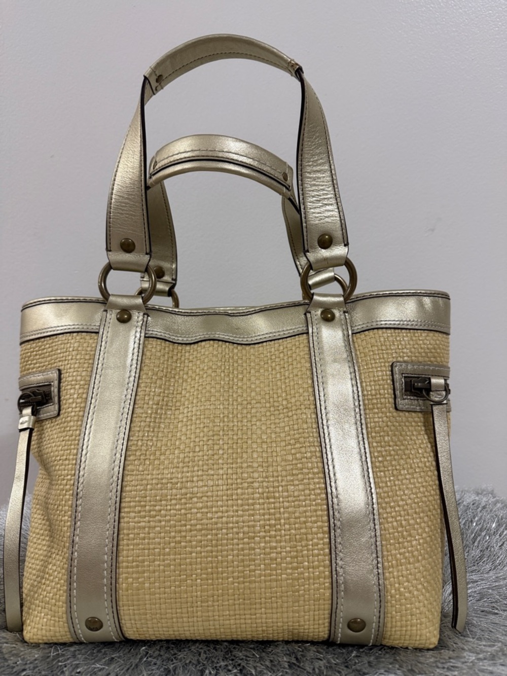 Coach Gold Trim Straw Tote with Front Buckle Pocket - Picture 2 of 4